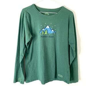 Life Is Good Green Long Sleeve Crusher Tee Classic Fit Powder Room Graphic